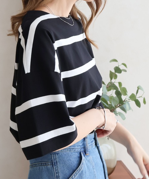 Social GIRL（ソーシャルガール）の「ワイドボーダーBIGTシャツ（Tシャツ/カットソー・レディース・グレイッシュベージュ/ブルー/ブラック・FREE）」の14枚目の写真