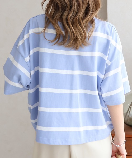 Social GIRL（ソーシャルガール）の「ワイドボーダーBIGTシャツ（Tシャツ/カットソー・レディース・グレイッシュベージュ/ブルー/ブラック・FREE）」の7枚目の写真