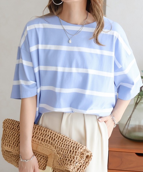 Social GIRL（ソーシャルガール）の「ワイドボーダーBIGTシャツ（Tシャツ/カットソー・レディース・グレイッシュベージュ/ブルー/ブラック・FREE）」の9枚目の写真