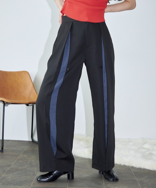 WOOL BACKSATINSTRAIGHTSLACKS 2色セット セール】配色レイヤード2wayスラックスパンツ（スラックス