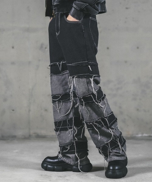 リメイクパンツ　デニムパンツ　リメイクデニム　ワイド　古着　ヴィンテージ　Y2K 再構築 Remake リメイクデザイン パッチワーク ブラックデニム