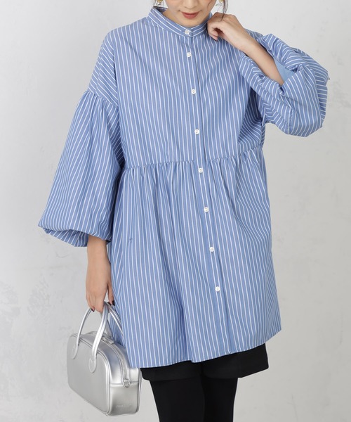 FOUND GOOD（ファウンドグッド）の「UVソデボリュームチュニック（シャツ/ブラウス・レディース・ブラック/ホワイト系5/ブルー系5・L/M/S）」の3枚目の写真