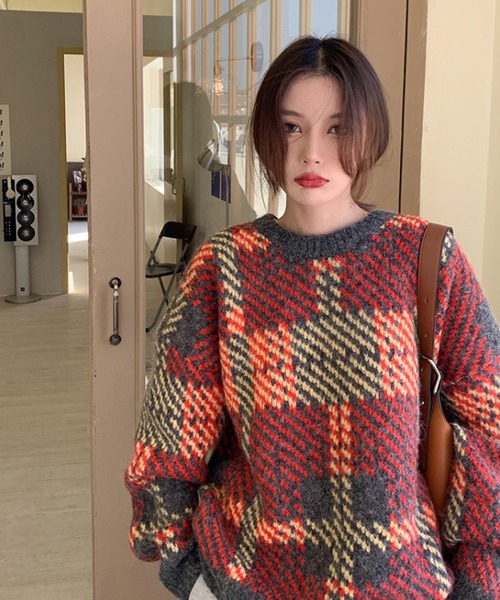 Doula Doula（ドゥーラドゥーラ）の「ジャガードチェックセーター（ニット/セーター・レディース・グレー/グレー系その他/オレンジ系その他/オレンジ・FREE）」の8枚目の写真