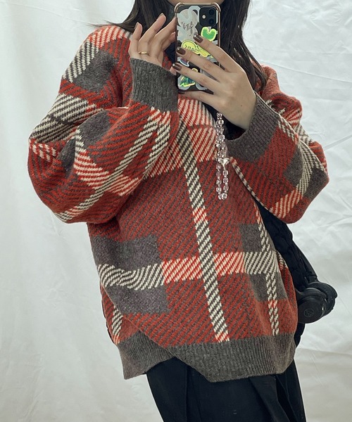 Doula Doula（ドゥーラドゥーラ）の「ジャガードチェックセーター（ニット/セーター・レディース・グレー/グレー系その他/オレンジ系その他/オレンジ・FREE）」の17枚目の写真