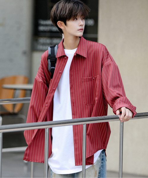 neos（ネオス）の「■新色追加【neos】ルーズシルエット ピンストライプ ロングスリーブ ワーク シャツ（シャツ/ブラウス・メンズ・ネイビー/グレイッシュベージュ/ブラック/ワインレッド/グリーン/ホワイト/ブラウン・MEDIUM/X-LARGE/LARGE）」の7枚目の写真