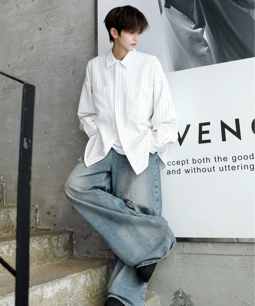 neos（ネオス）の「■新色追加【neos】ルーズシルエット ピンストライプ ロングスリーブ ワーク シャツ（シャツ/ブラウス・メンズ・ネイビー/グレイッシュベージュ/ブラック/ワインレッド/グリーン/ホワイト/ブラウン・MEDIUM/X-LARGE/LARGE）」の9枚目の写真