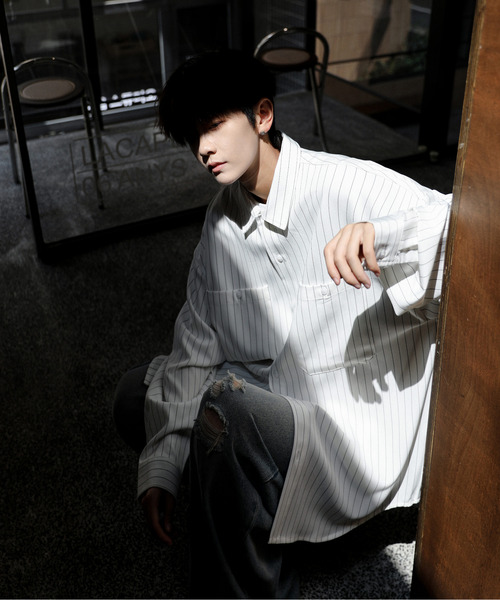 neos（ネオス）の「■新色追加【neos】ルーズシルエット ピンストライプ ロングスリーブ ワーク シャツ（シャツ/ブラウス・メンズ・ネイビー/グレイッシュベージュ/ブラック/ワインレッド/グリーン/ホワイト/ブラウン・MEDIUM/X-LARGE/LARGE）」の10枚目の写真