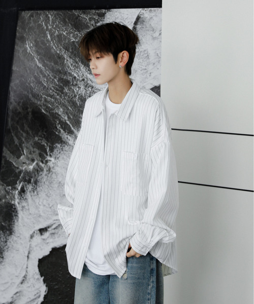 neos（ネオス）の「■新色追加【neos】ルーズシルエット ピンストライプ ロングスリーブ ワーク シャツ（シャツ/ブラウス・メンズ・ネイビー/グレイッシュベージュ/ブラック/ワインレッド/グリーン/ホワイト/ブラウン・MEDIUM/X-LARGE/LARGE）」の12枚目の写真