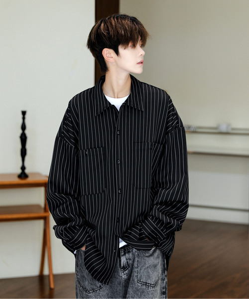 neos（ネオス）の「■新色追加【neos】ルーズシルエット ピンストライプ ロングスリーブ ワーク シャツ（シャツ/ブラウス・メンズ・ネイビー/グレイッシュベージュ/ブラック/ワインレッド/グリーン/ホワイト/ブラウン・MEDIUM/X-LARGE/LARGE）」の13枚目の写真