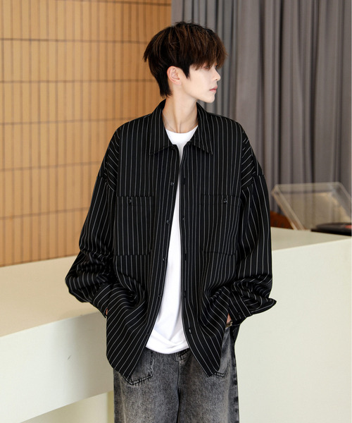 neos（ネオス）の「■新色追加【neos】ルーズシルエット ピンストライプ ロングスリーブ ワーク シャツ（シャツ/ブラウス・メンズ・ネイビー/グレイッシュベージュ/ブラック/ワインレッド/グリーン/ホワイト/ブラウン・MEDIUM/X-LARGE/LARGE）」の17枚目の写真