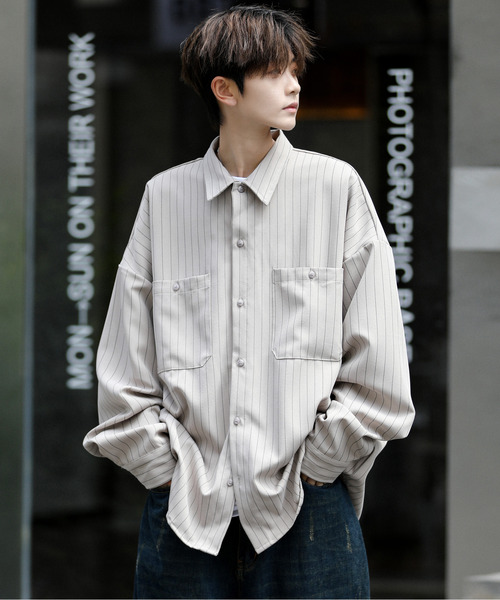 neos（ネオス）の「■新色追加【neos】ルーズシルエット ピンストライプ ロングスリーブ ワーク シャツ（シャツ/ブラウス・メンズ・ネイビー/グレイッシュベージュ/ブラック/ワインレッド/グリーン/ホワイト/ブラウン・MEDIUM/X-LARGE/LARGE）」の19枚目の写真