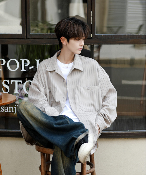 neos（ネオス）の「■新色追加【neos】ルーズシルエット ピンストライプ ロングスリーブ ワーク シャツ（シャツ/ブラウス・メンズ・ネイビー/グレイッシュベージュ/ブラック/ワインレッド/グリーン/ホワイト/ブラウン・MEDIUM/X-LARGE/LARGE）」の21枚目の写真