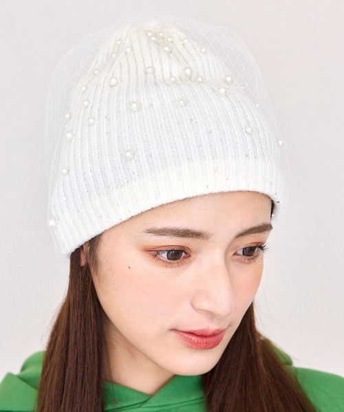 EIMY ISTOIRE（エイミーイストワール）の「シームレスパールチュールビーニー（ハンチング/ベレー帽・レディース・ブラック/ホワイト・F）」の5枚目の写真