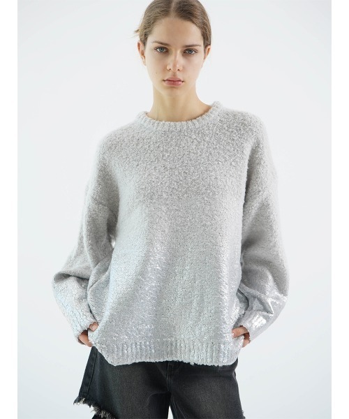:ETHROF(イーサオブ)の「METALLIC PRINT LOOP YARN KNIT(ニット/セーター・レディース・チャコール/グレー/アイボリー・MEDIUM)」の2枚目の写真