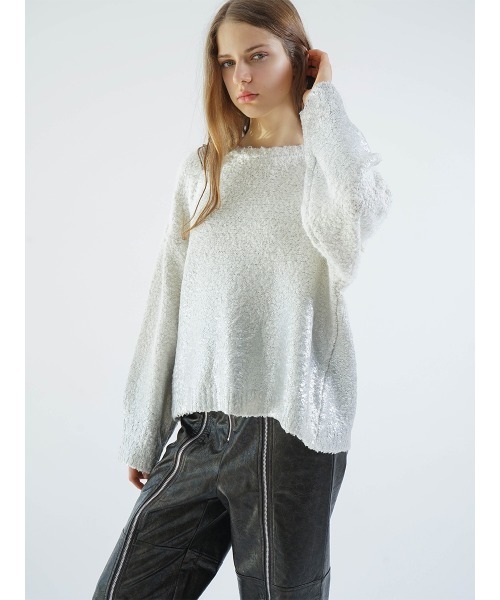 :ETHROF(イーサオブ)の「METALLIC PRINT LOOP YARN KNIT(ニット/セーター・レディース・チャコール/グレー/アイボリー・MEDIUM)」の1枚目の写真