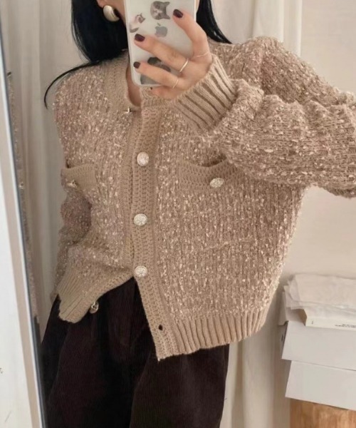 paravion(パラビオン)の「ツイード風ニットジャケット(ノーカラージャケット・レディース・ブラウン/ピンク/ホワイト/ブラック/グレー・FREE)」の5枚目の写真