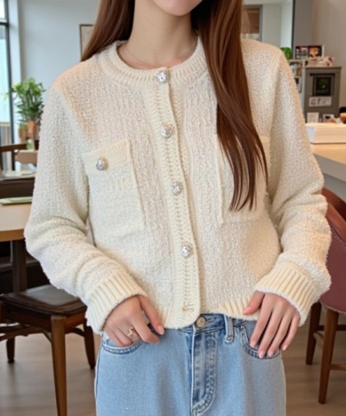 paravion(パラビオン)の「ツイード風ニットジャケット(ノーカラージャケット・レディース・ブラウン/ピンク/ホワイト/ブラック/グレー・FREE)」の2枚目の写真