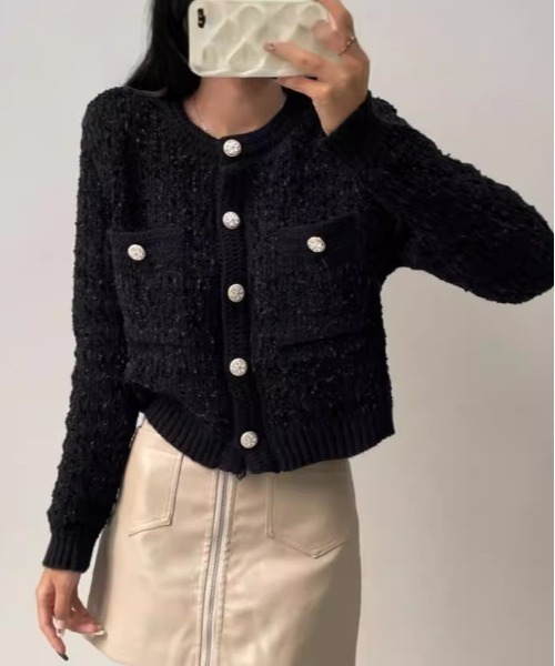 paravion(パラビオン)の「ツイード風ニットジャケット(ノーカラージャケット・レディース・ブラウン/ピンク/ホワイト/ブラック/グレー・FREE)」の3枚目の写真