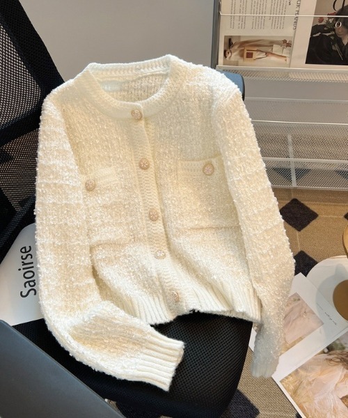 paravion(パラビオン)の「ツイード風ニットジャケット(ノーカラージャケット・レディース・ブラウン/ピンク/ホワイト/ブラック/グレー・FREE)」の11枚目の写真