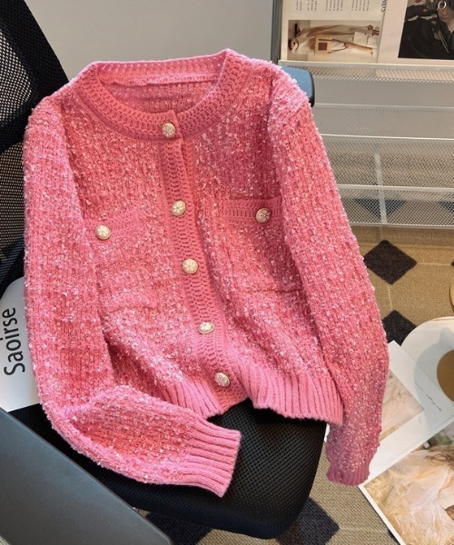 paravion(パラビオン)の「ツイード風ニットジャケット(ノーカラージャケット・レディース・ブラウン/ピンク/ホワイト/ブラック/グレー・FREE)」の12枚目の写真