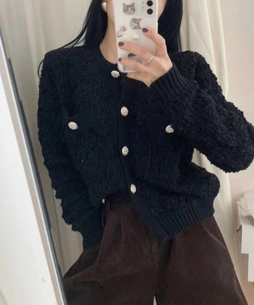 paravion(パラビオン)の「ツイード風ニットジャケット(ノーカラージャケット・レディース・ブラウン/ピンク/ホワイト/ブラック/グレー・FREE)」の10枚目の写真