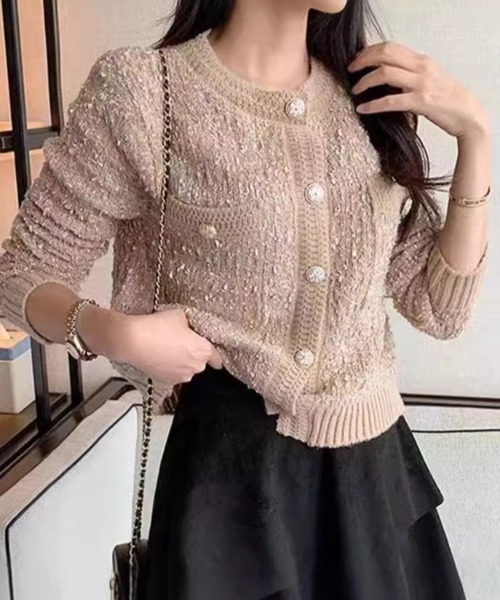 paravion(パラビオン)の「ツイード風ニットジャケット(ノーカラージャケット・レディース・ブラウン/ピンク/ホワイト/ブラック/グレー・FREE)」の13枚目の写真