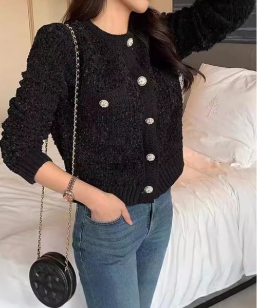 paravion(パラビオン)の「ツイード風ニットジャケット(ノーカラージャケット・レディース・ブラウン/ピンク/ホワイト/ブラック/グレー・FREE)」の9枚目の写真