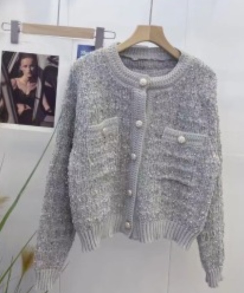 paravion(パラビオン)の「ツイード風ニットジャケット(ノーカラージャケット・レディース・ブラウン/ピンク/ホワイト/ブラック/グレー・FREE)」の6枚目の写真