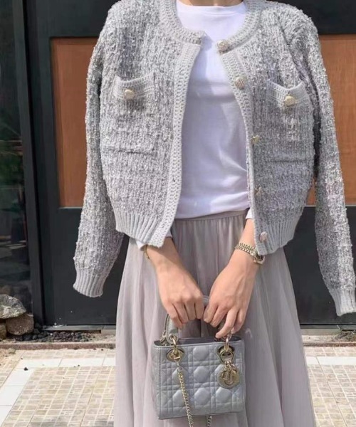 paravion(パラビオン)の「ツイード風ニットジャケット(ノーカラージャケット・レディース・ブラウン/ピンク/ホワイト/ブラック/グレー・FREE)」の7枚目の写真