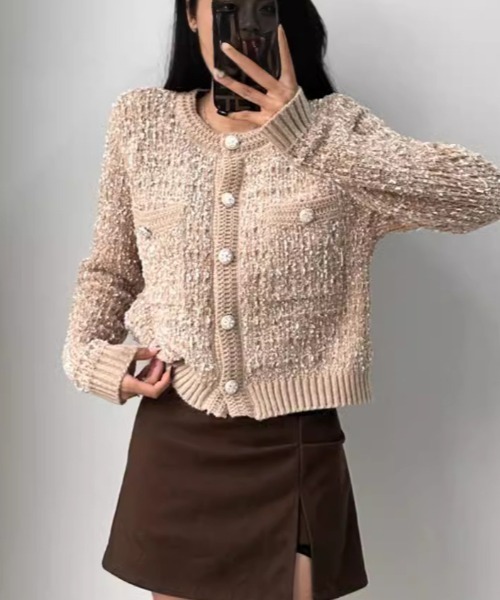 paravion(パラビオン)の「ツイード風ニットジャケット(ノーカラージャケット・レディース・ブラウン/ピンク/ホワイト/ブラック/グレー・FREE)」の18枚目の写真