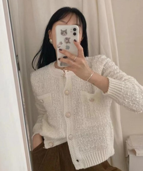 paravion(パラビオン)の「ツイード風ニットジャケット(ノーカラージャケット・レディース・ブラウン/ピンク/ホワイト/ブラック/グレー・FREE)」の16枚目の写真