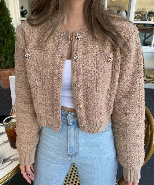 paravion(パラビオン)の「ツイード風ニットジャケット(ノーカラージャケット・レディース・ブラウン/ピンク/ホワイト/ブラック/グレー・FREE)」の20枚目の写真