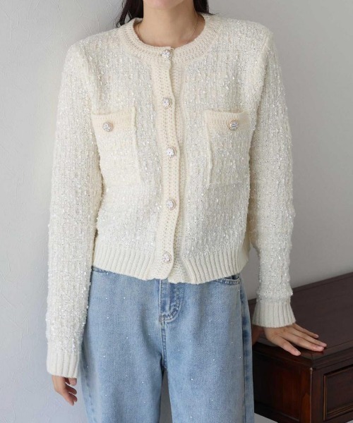 paravion(パラビオン)の「ツイード風ニットジャケット(ノーカラージャケット・レディース・ブラウン/ピンク/ホワイト/ブラック/グレー・FREE)」の19枚目の写真