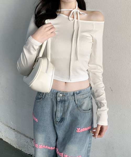 Teem Store(チームストア)の「リボンチョーカー付 ワンショルダーショートピチロンT(Tシャツ/カットソー・レディース・ブラック/ホワイト/ピンク・F)」の18枚目の写真