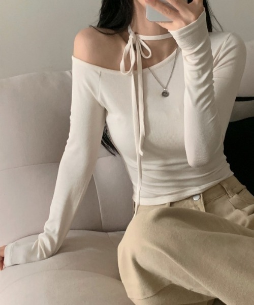 Teem Store(チームストア)の「リボンチョーカー付 ワンショルダーショートピチロンT(Tシャツ/カットソー・レディース・ブラック/ホワイト/ピンク・F)」の20枚目の写真