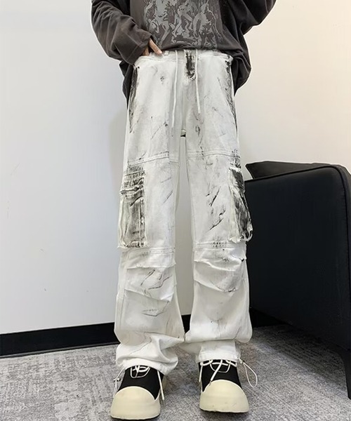 セール】【BENDER TOKYO】グランジ ペイント加工 ワイドカーゴパンツ