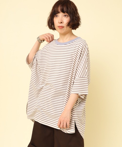 RNA-N（アールエヌエーエヌ）の「M2465 マイクロボーダールーズワイドＴ（Tシャツ/カットソー・レディース・グレー系その他/ブラウン系その他/ブラック×ホワイト・FREE）」の4枚目の写真