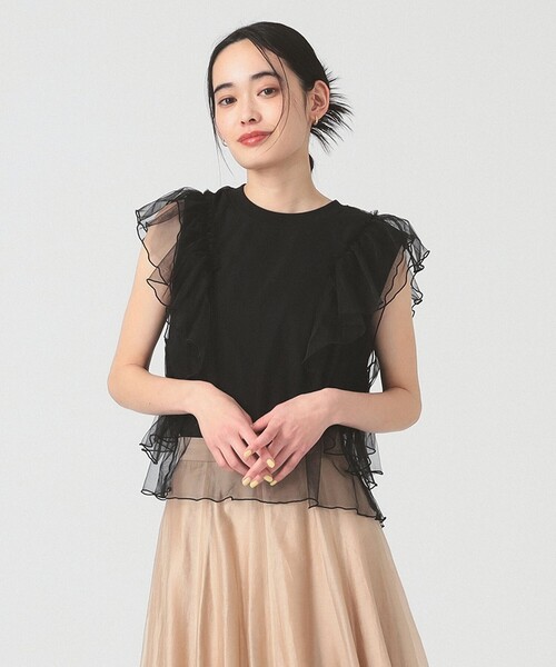 Ray BEAMS（レイビームス）の「チュール レイヤー ラッフルスリーブ Tシャツ（Tシャツ/カットソー・レディース・ホワイト/ブラック・ONE SIZE）」の2枚目の写真