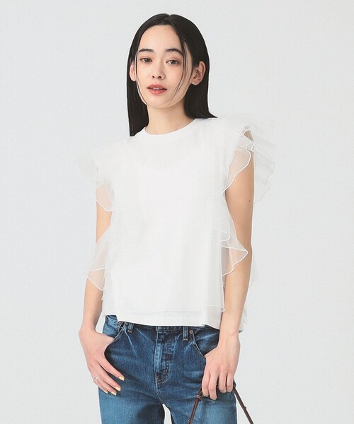Ray BEAMS（レイビームス）の「チュール レイヤー ラッフルスリーブ Tシャツ（Tシャツ/カットソー・レディース・ホワイト/ブラック・ONE SIZE）」の5枚目の写真
