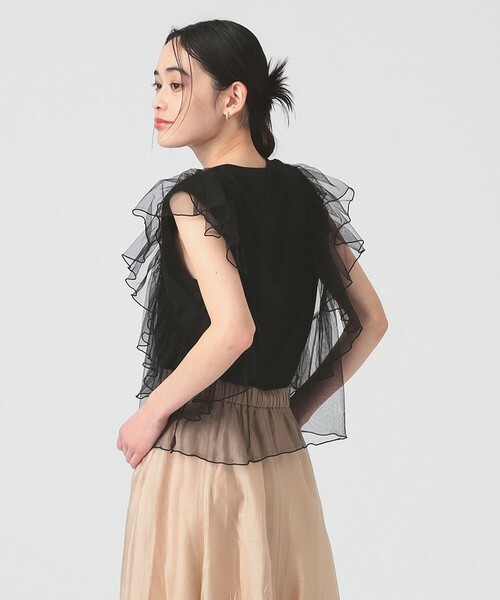 Ray BEAMS（レイビームス）の「チュール レイヤー ラッフルスリーブ Tシャツ（Tシャツ/カットソー・レディース・ホワイト/ブラック・ONE SIZE）」の9枚目の写真