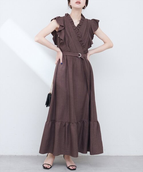 カシュクール ワンピース 2色 レイヤード フリル ロング ドレス 半袖花柄フリルカシュクールワンピース/黒木麗奈 - カラードレス