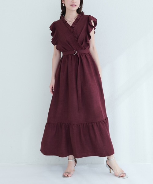 ワンピース カシュクール風 フリル フェミニン きれいめ L2516 華やかな存在感☆フリル付きクロスカシュクールマキシワンピース