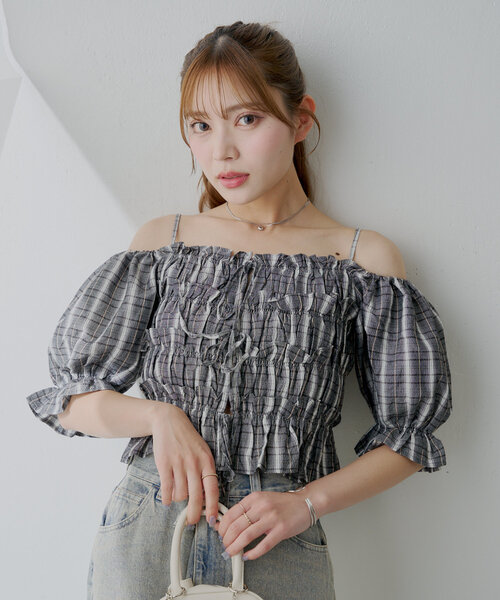 ブラウス シャツ 「S.Mサイズ展開」チェックギャザーシャツ レディース セール】ギャザーデザインチェックブラウス（シャツ/ブラウス