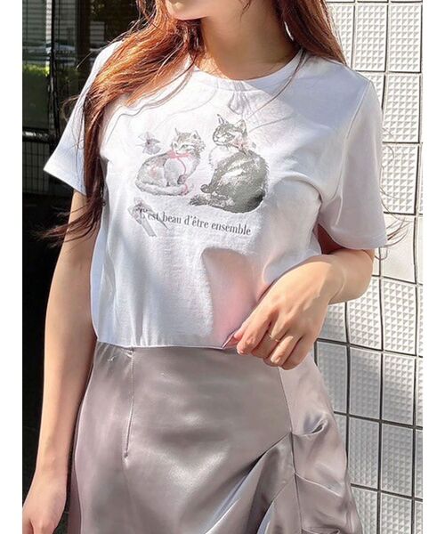 MERCURYDUO（マーキュリーデュオ）の「CATプリントリボンTシャツ（Tシャツ/カットソー・レディース・ベビーピンク/ライトブルー/オフホワイト・FREE）」の2枚目の写真