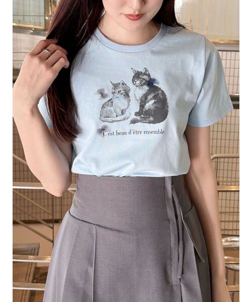 MERCURYDUO（マーキュリーデュオ）の「CATプリントリボンTシャツ（Tシャツ/カットソー・レディース・ベビーピンク/ライトブルー/オフホワイト・FREE）」の3枚目の写真