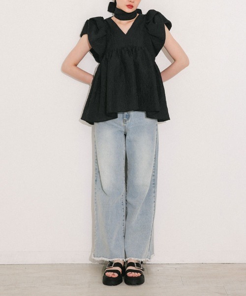 DONOBAN（ドノバン）の「【ANDRESD】sheer jacquard peplum tops パーティー 結婚式 お呼ばれ 同窓会（Tシャツ/カットソー・レディース・オフホワイト/グレー/ブラック/ピンク・M）」の17枚目の写真