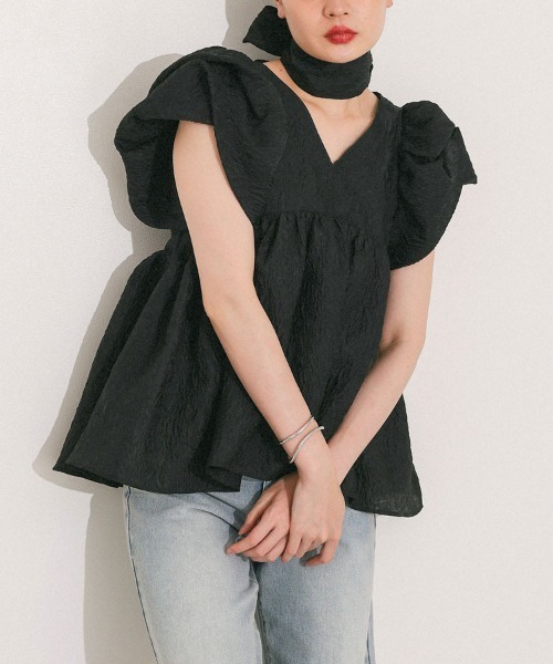 DONOBAN（ドノバン）の「【ANDRESD】sheer jacquard peplum tops パーティー 結婚式 お呼ばれ 同窓会（Tシャツ/カットソー・レディース・オフホワイト/グレー/ブラック/ピンク・M）」の18枚目の写真