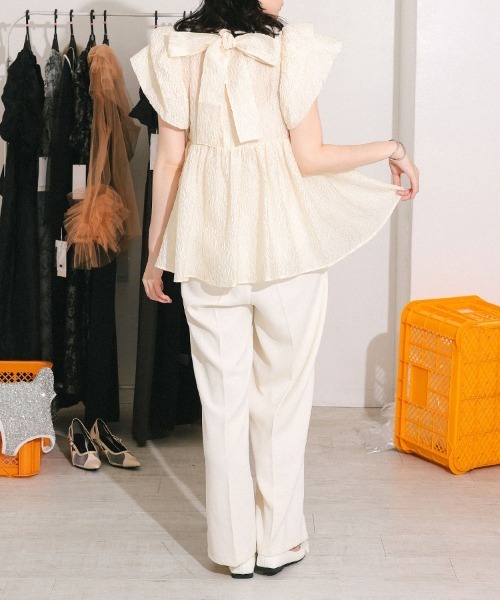 DONOBAN（ドノバン）の「【ANDRESD】sheer jacquard peplum tops パーティー 結婚式 お呼ばれ 同窓会（Tシャツ/カットソー・レディース・オフホワイト/グレー/ブラック/ピンク・M）」の15枚目の写真