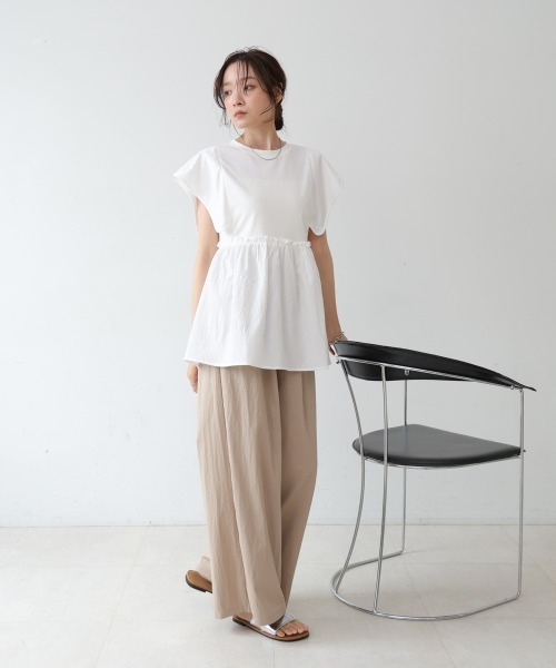 セール】スクエアーショルダーペプラムトップス（Tシャツ