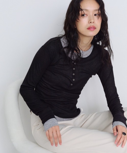 セール】シアーリブヘンリーネックロンT（Tシャツ/カットソー